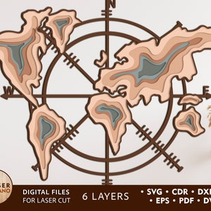 COMPASS MAP Laser Cut File Svg World Map CNC et laser cutter svg, topographie découpée au laser et carte du monde découpée au laser, fichier laser boussole | #348