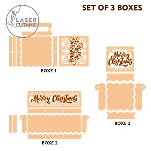 May include: Set of three laser cut wooden boxes with a Christmas theme. The boxes are labeled "Boxe 1", "Boxe 2", and "Boxe 3". Each box has a different design featuring the words "Merry Christmas" with a snowflake pattern.