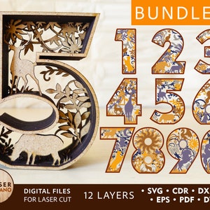 May include: A set of ten laser cut numbers, 1 through 10, with a jungle animal and plant design. The numbers are in a brown, yellow, and purple color scheme. The numbers are designed for laser cutting and are available in SVG, CDR, DXF, AI, EPS, PDF, and DWG formats.