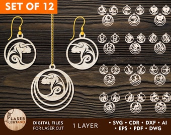 May include: Set of 12 laser cut earring designs featuring zodiac signs. The earrings are made of wood and are in a light brown color. The designs are intricate and detailed. The text "SET OF 12" is at the top of the image. The text "DIGITAL FILES FOR LASER CUT" is at the bottom left of the image. The text "1 LAYER" is at the bottom center of the image. The text "SVG. CDR. DXF. AI. EPS. PDF. DWG" is at the bottom right of the image.