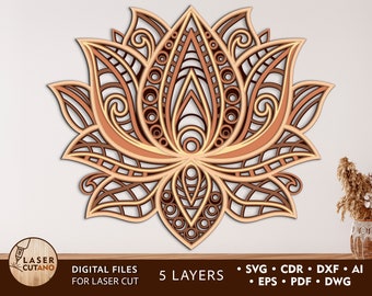 LOTUS Cnc Files Laser Cut File Svg Layered and glowforge file, ornament laser file DXF EPS Cdr Laser Cutting, Laser Cut Pattern | #222