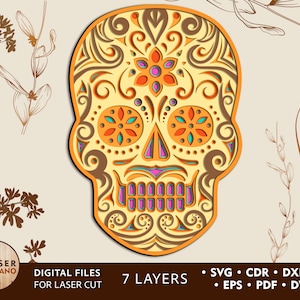 FLORAL SKULL Laser Cut Files Skull SVG, sugar skull svg and paper cut, halloween svg and halloween laser file svg, laser svg | #197
