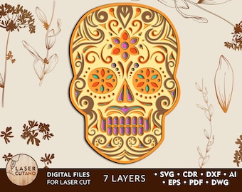 May include: A 7-layer laser cut design of a sugar skull with intricate floral patterns in orange, yellow, brown, pink, and teal colors. The design is perfect for creating a decorative wall hanging or a unique craft project.