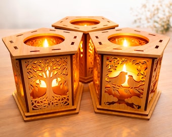 Tea Light Lantern SVG Bundle, Laser Cut Candle Holder File, Set of 3 Wooden Lantern Template for Glowforge xTool LightBurn | #722