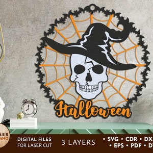 May include: A black and orange Halloween-themed design featuring a skull wearing a witch's hat, surrounded by a spiderweb. The text "Halloween" is written below the skull.