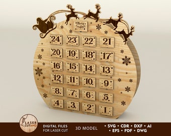 May include: A wooden Christmas advent calendar with 24 numbered doors, featuring a Santa Claus and reindeer design. The calendar is decorated with snowflakes and the words "Merry Christmas".