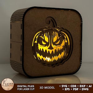 Lanterna di Halloween con scatola di ombre di zucca Svg e lampada di Halloween Svg, luce tagliata al laser e zucca tagliata al laser Svg, Halloween Glowforge / #614