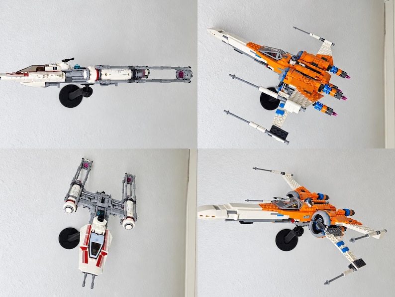 May include: A collection of two plastic building block starfighter models mounted on black circular stands. One model is a white and gray Y-wing starfighter, and the other is an orange and white X-wing starfighter with four wings in an open position.