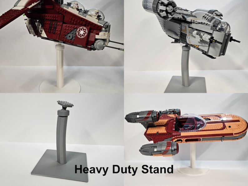 May include: Three different Lego Star Wars ships displayed on a gray heavy duty stand. The ships are a red and white ship, a gray ship, and a red, orange, and gray ship.