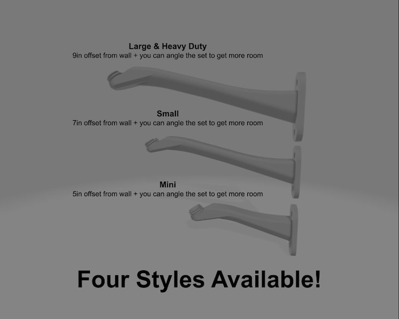 May include: Three grey wall-mounted brackets in varying sizes. The Large & Heavy Duty has a 9in offset, the Small has a 7in offset, and the Mini has a 5in offset from the wall. Each bracket features an angled design. Text reads: Four Styles Available!