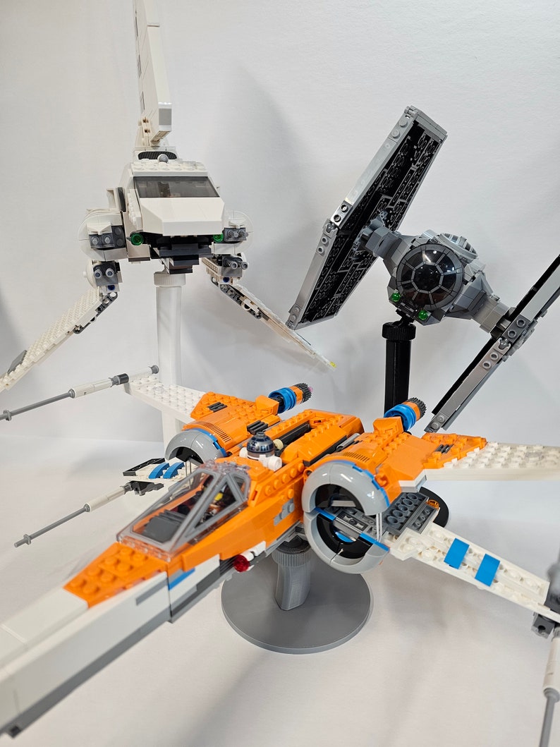 adjustable display stand for lego starships with articulated arm and angled flight position