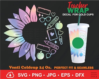 Teacher Sunflower Cup Wrap Svg, Half Sunflower Svg, Sunflower Cold Cup Svg, Teacher Appreciation Day Gift, Thanksgiving Teacher Svg, Cricut