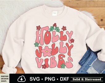 Retro Holly Jolly Vibes Png Svg Groovy Christmas Sublimation, Distressed Vintage Christmas Shirt Design, Svg, Dxf, Png, File For Cricut
