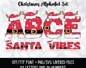 Christmas Santa Vibes lettertype, Kerstmis Doodle Letters Set, Rendier-Kerstman, Kerst Alfabet Clipart Png, Svg Gelaagd voor Cricut, Sillhoutte