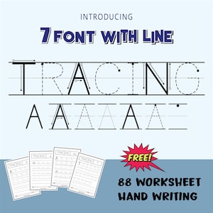 May include: An image with the text "INTRODUCING 7 FONT WITH LINE TRACING" in a blue font. Below the text are examples of the letter "A" in different styles. The image also includes worksheets with the word "TRACING" and the letter "A". The text "FREE! 88 WORKSHEET HAND WRITING" is also present.