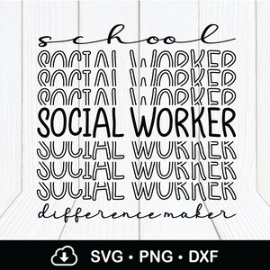 K&ouml;nnte beinhalten: Schwarz-wei&szlig;es Text-Grafikdesign mit den Worten "school", "social worker" und "difference maker". Das Wort "social worker" wird mehrmals wiederholt, wobei die Buchstaben "o" und "r" im Wort "worker" durch eine Wellenlinie ersetzt werden.