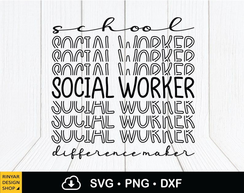 K&ouml;nnte beinhalten: Schwarz-wei&szlig;es Text-Grafikdesign mit den Worten "school", "social worker" und "difference maker". Das Wort "social worker" wird mehrmals wiederholt, wobei die Buchstaben "o" und "r" im Wort "worker" durch eine Wellenlinie ersetzt werden.