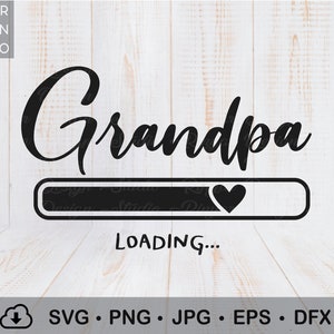 Peut inclure: Conception graphique en noir et blanc avec le texte "Grandpa" et une barre de chargement avec un cœur à la fin. Le texte "LOADING..." est sous la barre.