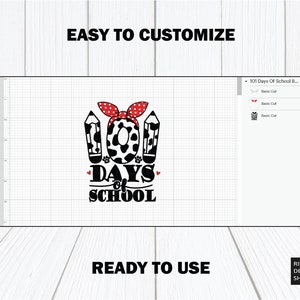 May include: A black and white cow print design with the text "101 Days of School" and a red and white polka dot headband. The design is ready to be cut out and used for a craft project.