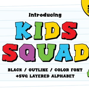Fuente Kids Squad, Superfuente Playful Kids con negrita - Contorno - Fuente de color, compatibilidad con OTF, TTF, Cricut y Shiloutte
