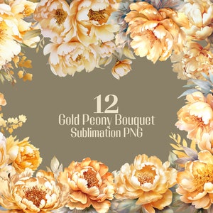 12 Bündel Glänzende Gold Pfingstrose Blumenstrauß Aquarell Clipart, Schöne Metallic Pfingstrose Botanische Bauernhaus Sublimation PNG transparenten Hintergrund