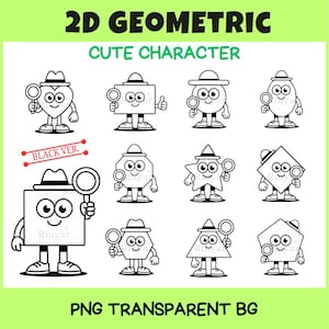Può includere: Illustrazioni in bianco e nero di varie forme geometriche 2D, ognuna progettata come un simpatico personaggio. I personaggi indossano cappelli e tengono in mano una lente d'ingrandimento. Il testo include "2D GEOMETRIC", "CUTE CHARACTER", "BLACK VER." e "PNG TRANSPARENT BG".