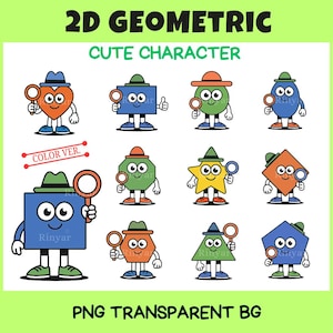 Può includere: Una collezione di forme geometriche 2D colorate con facce da cartone animato, che indossano cappelli e tengono in mano delle lenti d'ingrandimento. Il testo in alto recita "2D GEOMETRIC" e "CUTE CHARACTER". Il testo in basso dice "PNG TRANSPARENT BG".