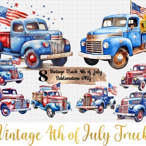 Vintage 4th of July Truck Sublimation PNG Clipart, Retro Blue And Red Truck Celebration American Flag Transparent Background