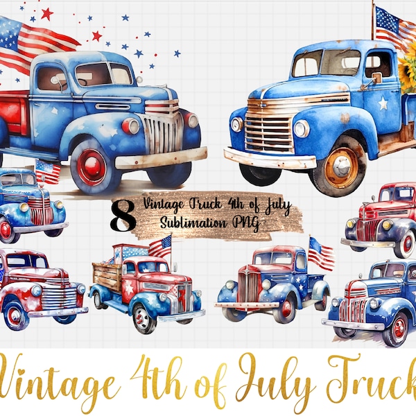 Vintage 4th of July Truck Sublimation PNG Clipart, Retro Blue And Red Truck Celebration American Flag Transparent Background