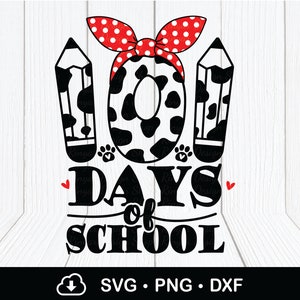 May include: Black and white graphic design of two pencils with a red and white polka dot bow on top. The text "100 Days of School" is written in a bold, black font.