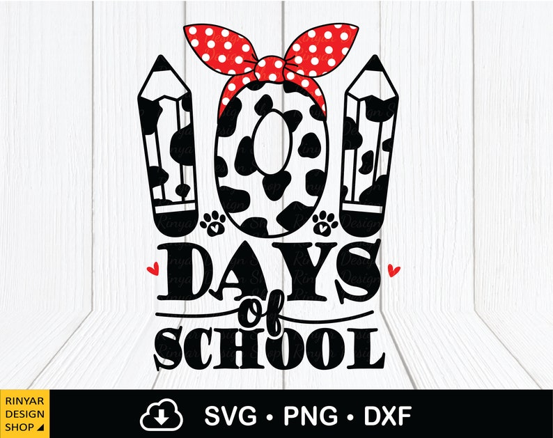 May include: Black and white graphic design of two pencils with a red and white polka dot bow on top. The text "100 Days of School" is written in a bold, black font.