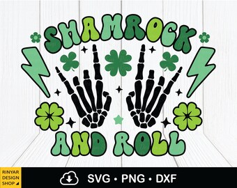 Shamrock And Roll Svg Png, St Patricks Day Sublimation Kids Design, Skeleton Png, Rocker Png, Téléchargement numérique, Cricut Files, Clipart, Dxf