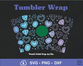 May include: A digital design for a tumbler wrap featuring a pattern of blue, purple, and pink diamonds and hearts. The design includes the text "Venti Cold Cup 24 Oz."