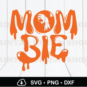 May include: Orange and white Halloween-themed SVG cut file design with the text "Mom Bie".