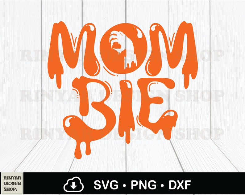 May include: Orange and white Halloween-themed SVG cut file design with the text "Mom Bie".