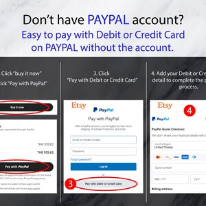 May include: A screenshot of a website showing how to pay with a debit or credit card on Etsy without a PayPal account. The steps are outlined with numbers and images. The first step is to click "buy it now". The second step is to click "Pay with PayPal". The third step is to click "Pay with Debit or Credit Card". The fourth step is to add your debit or credit card details to complete the payment process.