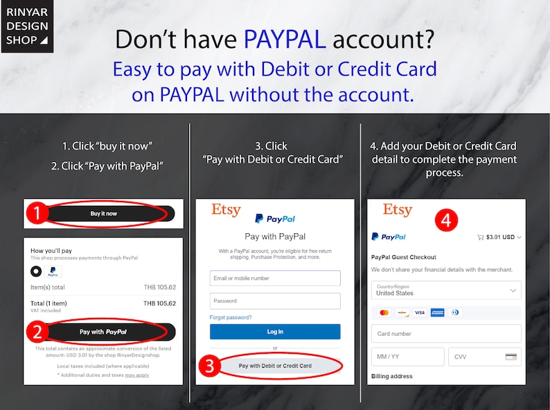 May include: A screenshot of a website showing how to pay with a debit or credit card on Etsy without a PayPal account. The steps are outlined with numbers and images. The first step is to click "buy it now". The second step is to click "Pay with PayPal". The third step is to click "Pay with Debit or Credit Card". The fourth step is to add your debit or credit card details to complete the payment process.