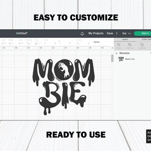 May include: A black and white digital design featuring the text "MOM BIE" with a dripping effect. The "O" in MOM is replaced with a circle containing a hand reaching out from the circle.