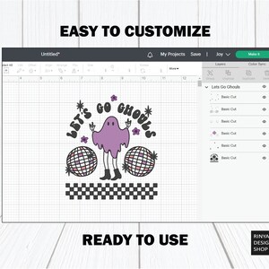 May include: A digital design featuring a purple ghost with the text "Let's Go Ghouls" in a black and white checkered pattern. The ghost is holding up two disco balls and has a star above its head.