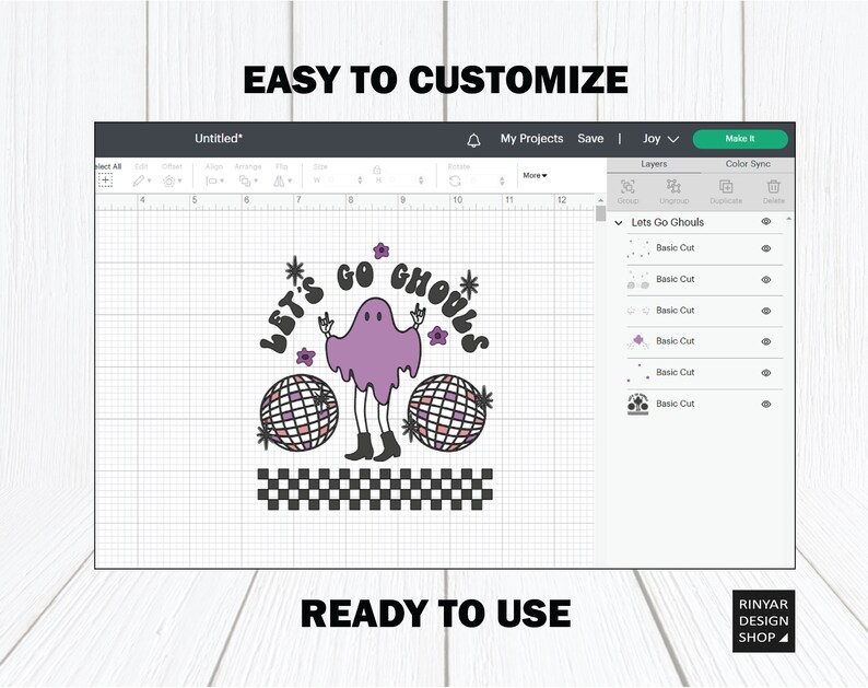 May include: A digital design featuring a purple ghost with the text "Let's Go Ghouls" in a black and white checkered pattern. The ghost is holding up two disco balls and has a star above its head.
