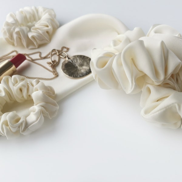 100% Silk Scrunchies In Ivory | Pure Silk | Available In 3 Sizes | Smooth Hair Scrunchies | Luxury Hair Accessories