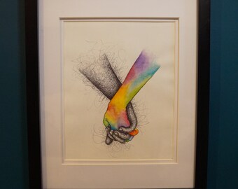 Watercolour and Biro Print, Holding Hands, BLM Print, Unity, Peace Print, Vibrant Colourful Print, A5 A4 A3