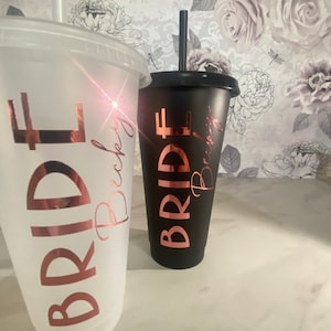 Personalised cold cup with straw,bridesmaid cup, hen party cups, named plastic tumbler, personalised bride cups, 24oz reusable cold cup