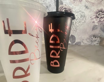 Personalised cold cup with straw,bridesmaid cup, hen party cups, named plastic tumbler, personalised bride cups, 24oz reusable cold cup