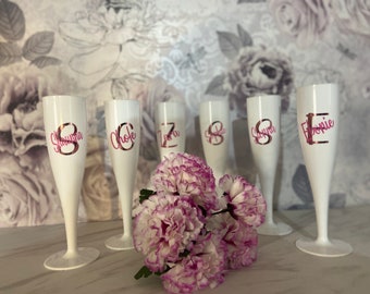 Personalised White biodegradable Prosecco champagne flutes Glossy bright white Indoor and outdoor use. Weddings, hen party, bridal shower.