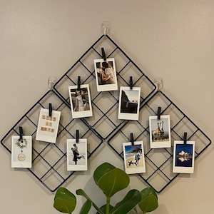 Puede incluir: Una pared de rejilla de metal negro con fotos y un pequeño letrero de madera que dice "Love is Love". La rejilla está montada en una pared gris claro. Una planta en maceta con hojas verdes se encuentra sobre una superficie de madera debajo de la rejilla.