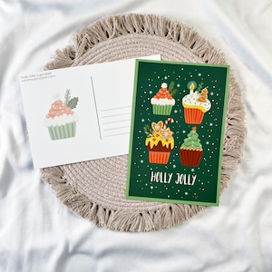 holly jolly cupcakes postcard - set of 5, Christmas postcard
