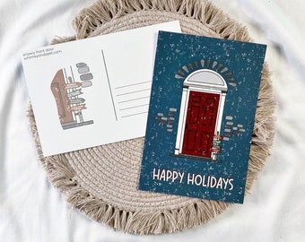 snowy front door postcard set of 5, pretty Christmas postcard, Christmas card, holiday greeting card, winter postcard