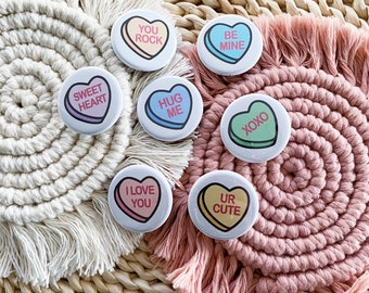 cute candy heart pinback buttons, Valentine's Day candy heart sayings, fun Valentine's Day party favors