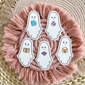 cute ghost stickers, bookish ghost, Halloween stickers, journaling ghost, ghost with tea, trick or treating ghost, water bottle stickers